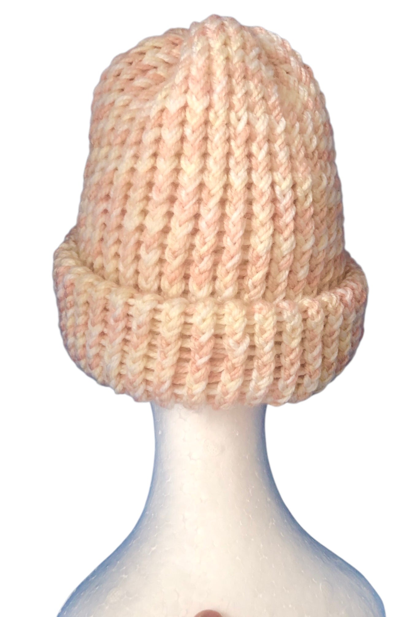Hand-Knit Chunky Beanie – Peach & Cream Soft Yarn – Warm Winter Hat