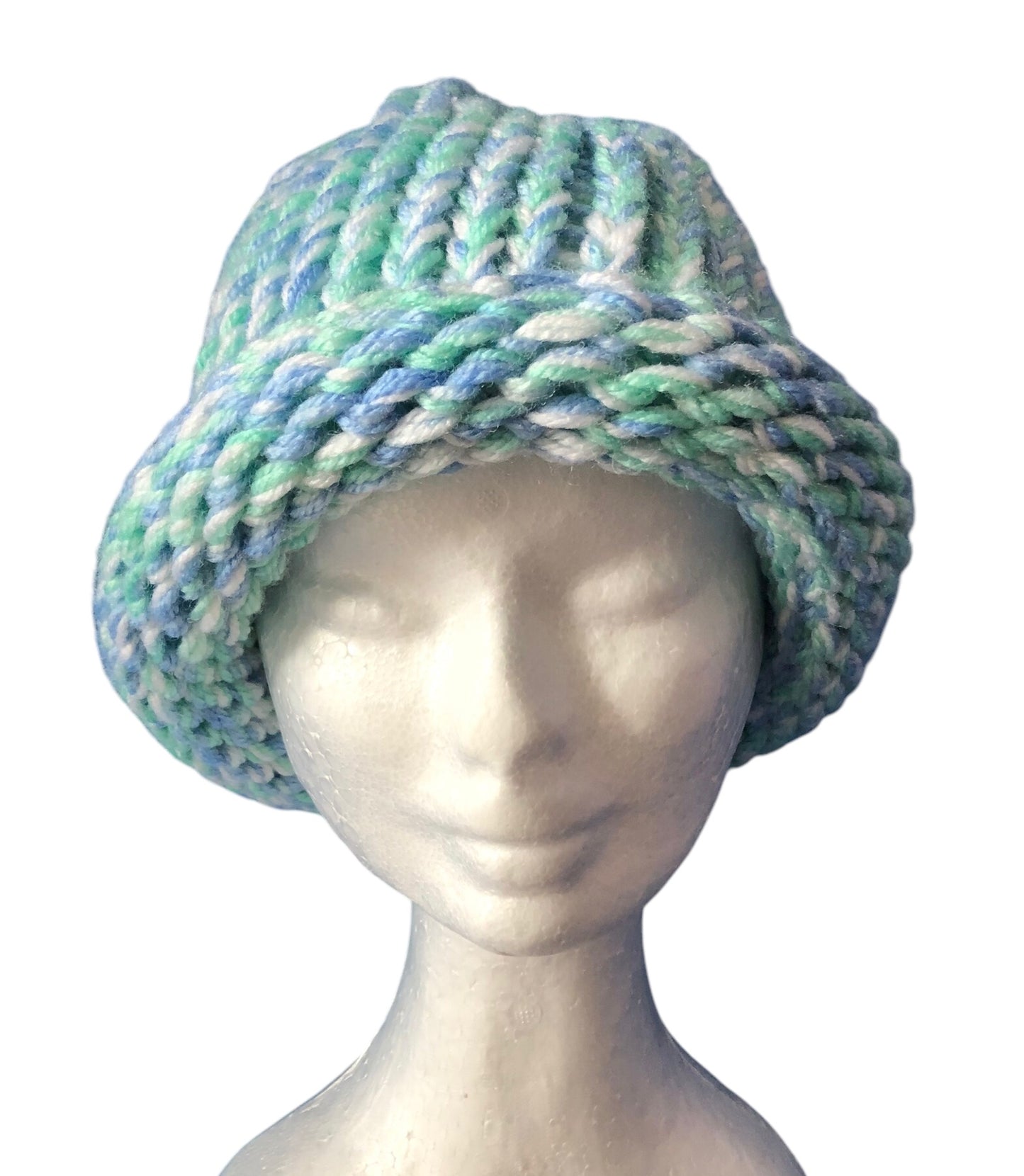 Hand-Knit Ocean Beach Beanie – Turquoise, Light Blue & White – Adult Size Hat