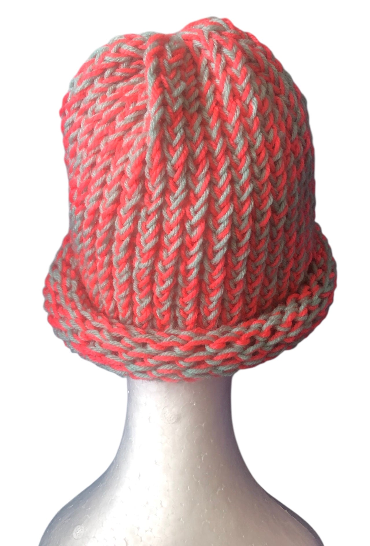 Hand-Knit Tropical Colour Beanie – Turquoise & Coral – Adult Size Hat