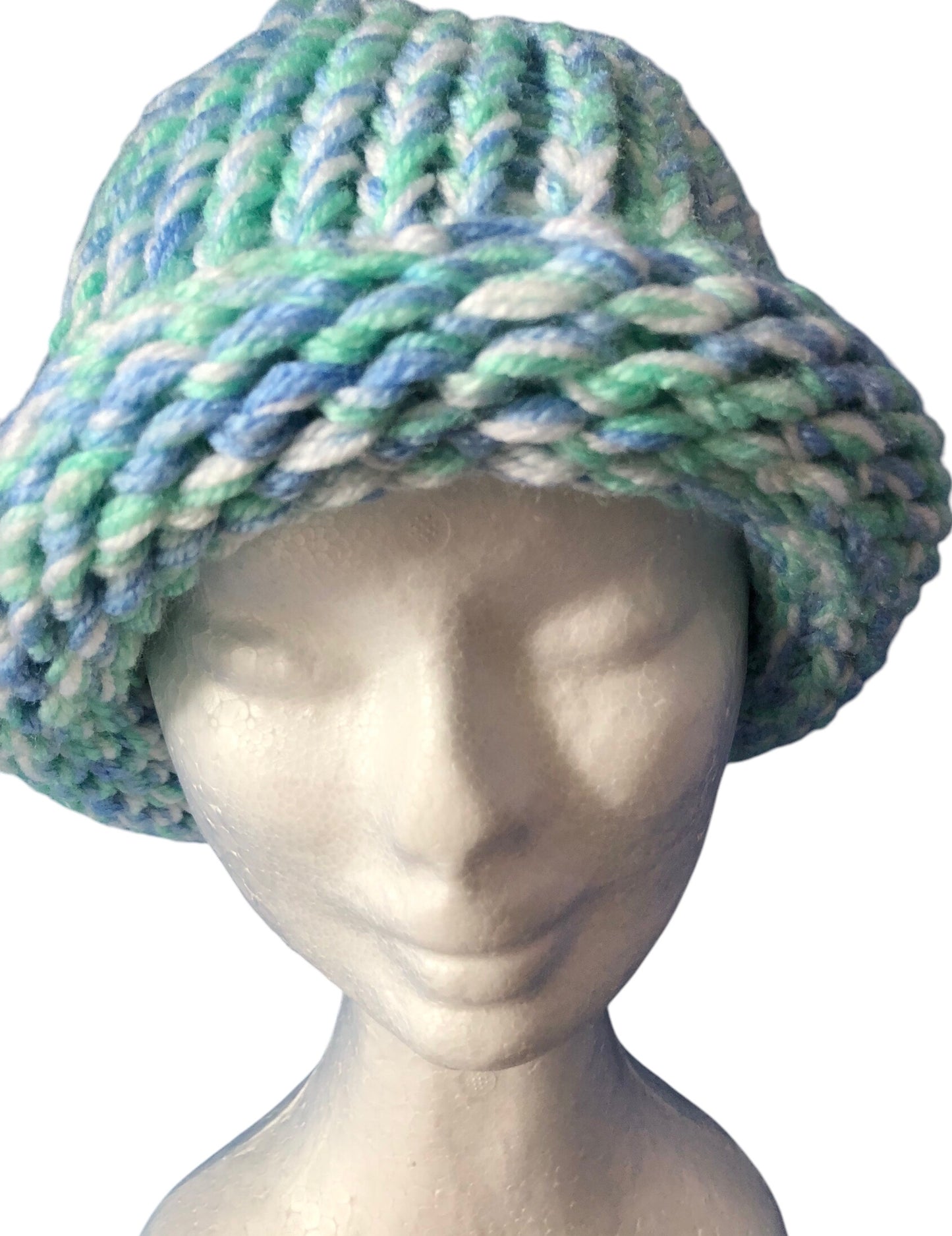 Hand-Knit Ocean Beach Beanie – Turquoise, Light Blue & White – Adult Size Hat