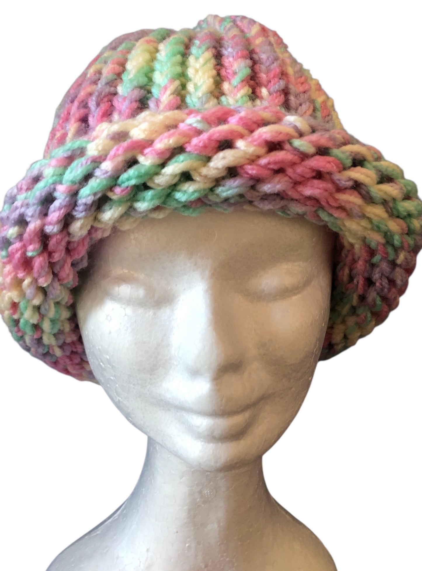 Hand-Knit Pastel Rainbow Beanie – Rolled Brim | Adult Size | Soft Acrylic Yarn