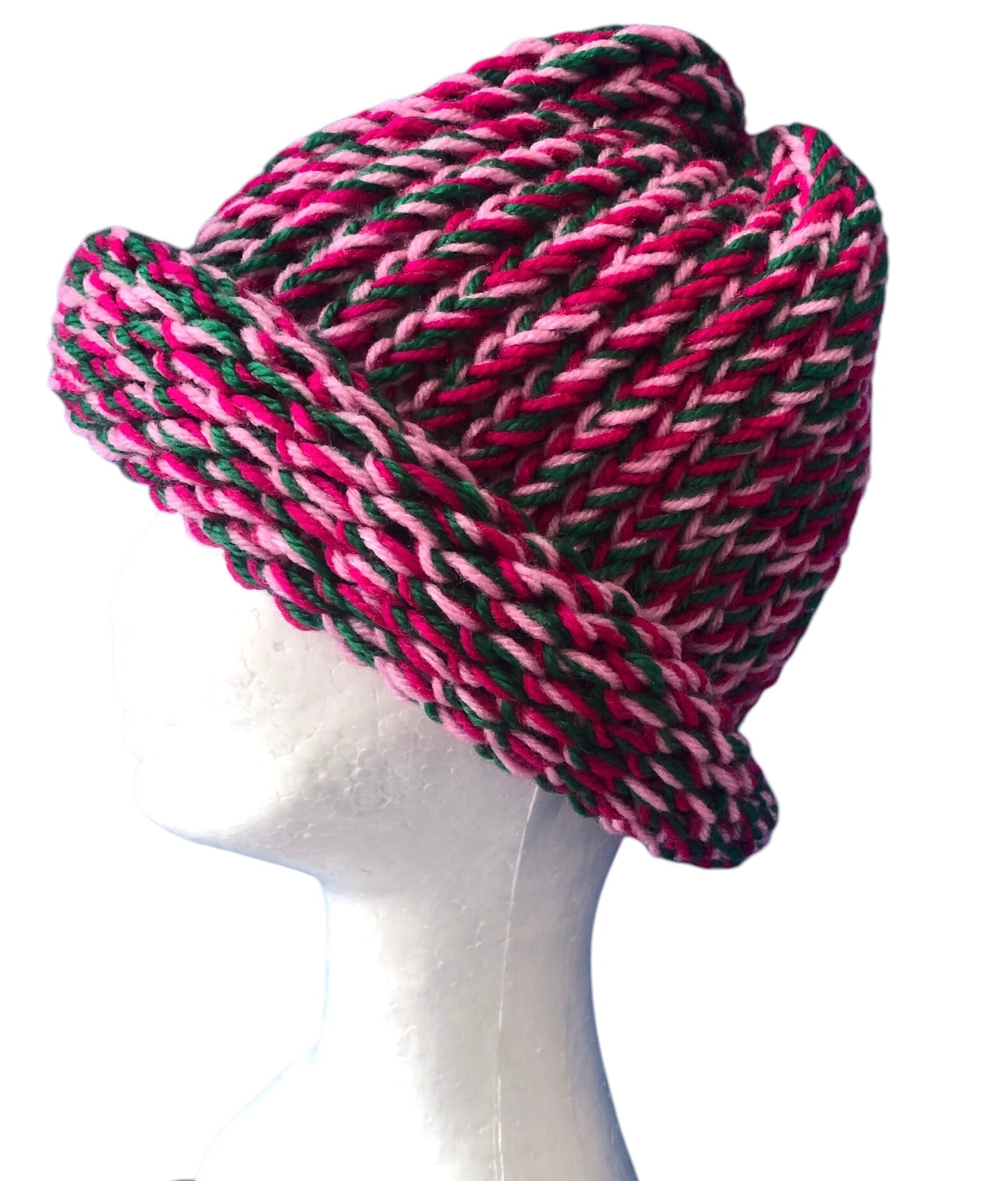 Hand-Knit Rose Garden Beanie – Light & Dark Pink with Green – Adult Size Hat