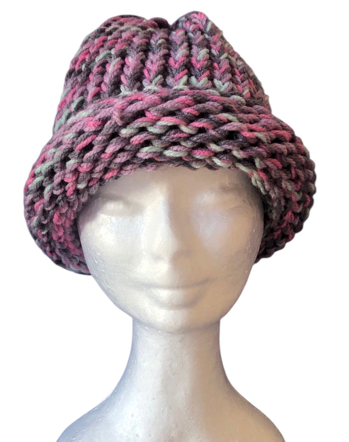 Hand Knit Soft Beanie with Rolled Brim – Pink & Purple Tones – Warm Winter Hat