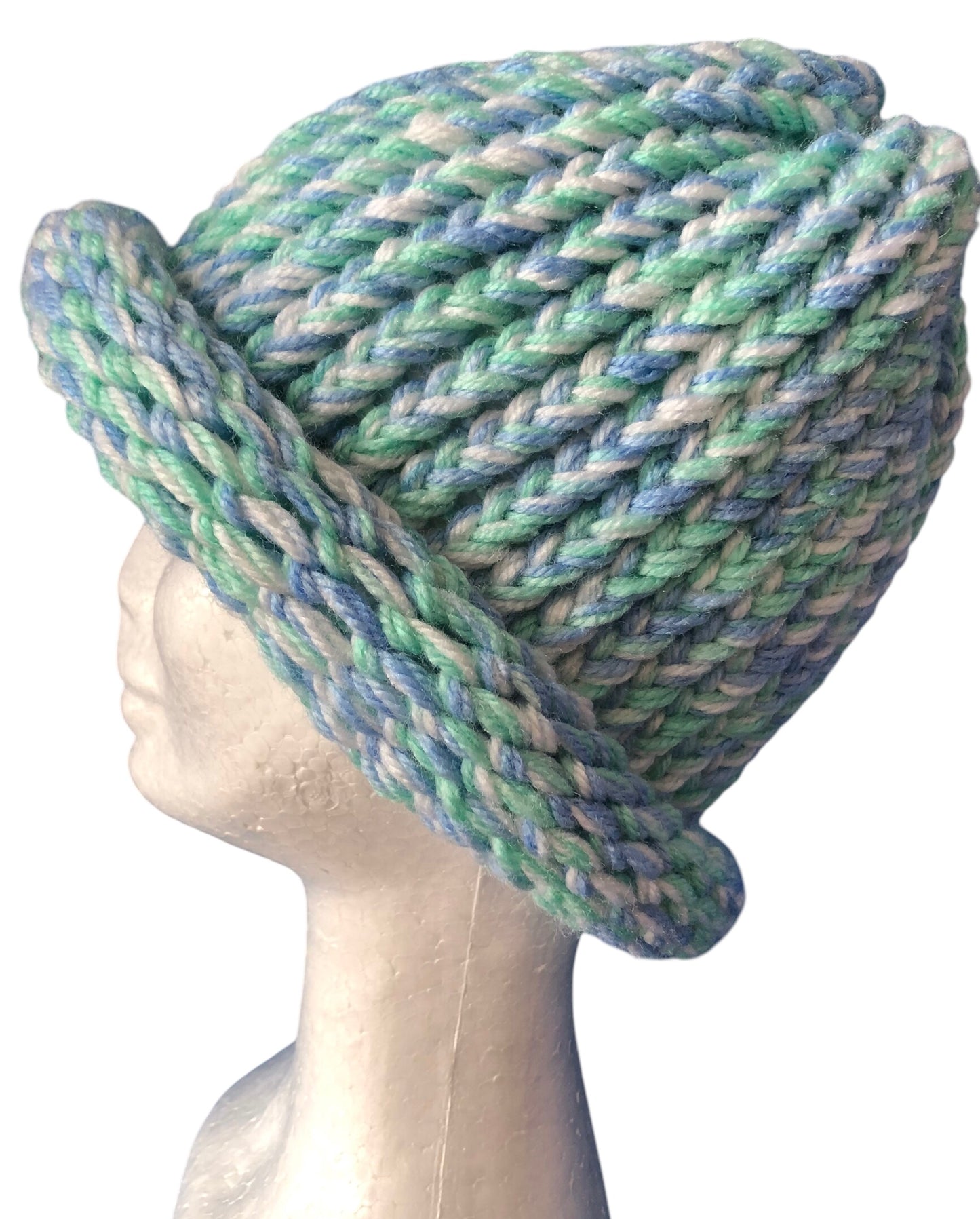 Hand-Knit Ocean Beach Beanie – Turquoise, Light Blue & White – Adult Size Hat
