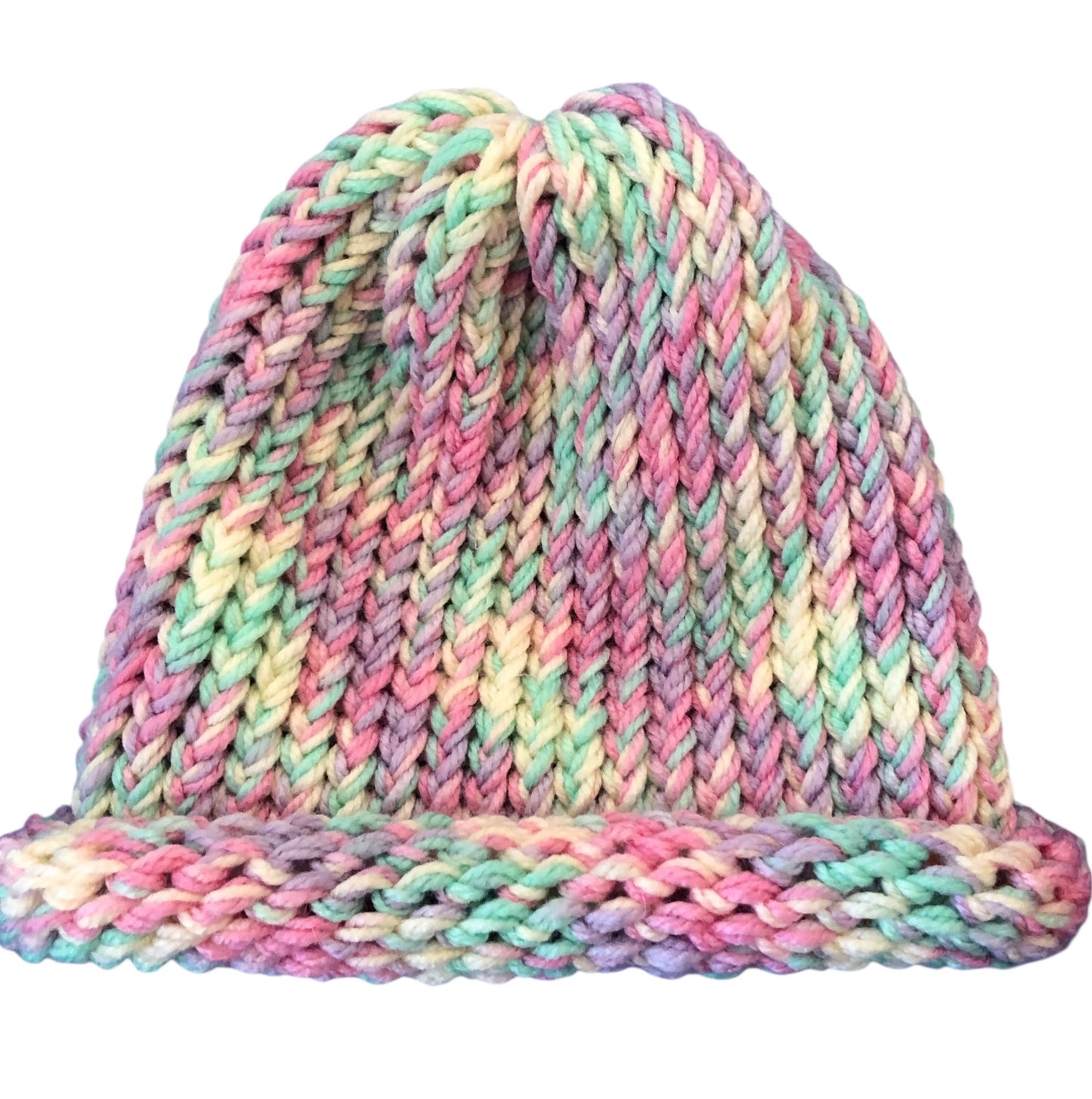 Hand-Knit Pastel Rainbow Beanie – Rolled Brim | Adult Size | Soft Acrylic Yarn