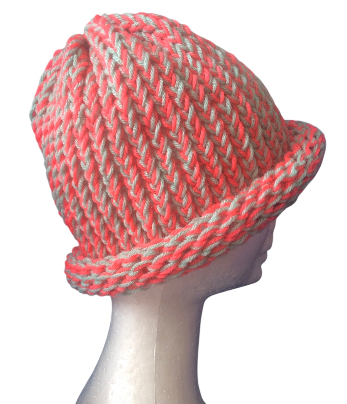 Hand-Knit Tropical Colour Beanie – Turquoise & Coral – Adult Size Hat