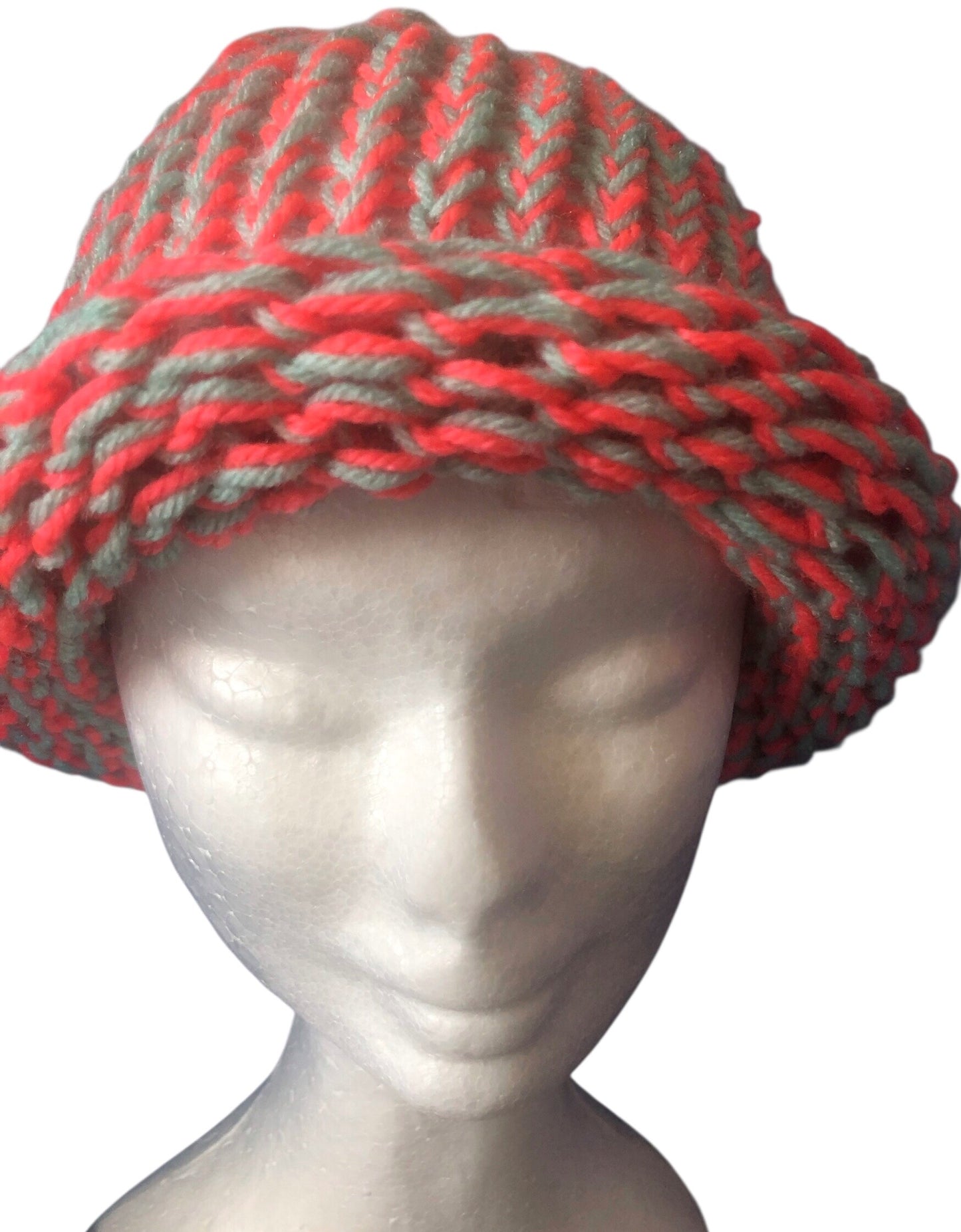 Hand-Knit Tropical Colour Beanie – Turquoise & Coral – Adult Size Hat