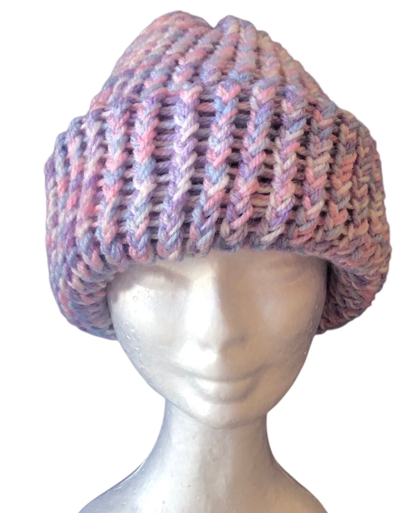 Hand Knit Pastel Fold-Up Beanie – Soft Acrylic Hat Pink Purple Blue Winter