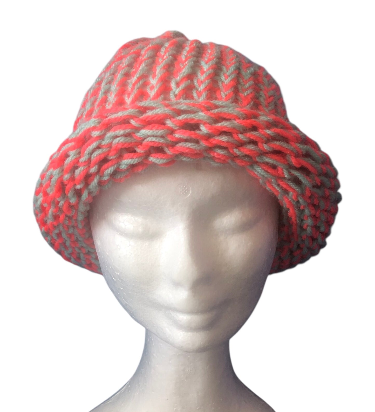Hand-Knit Tropical Colour Beanie – Turquoise & Coral – Adult Size Hat