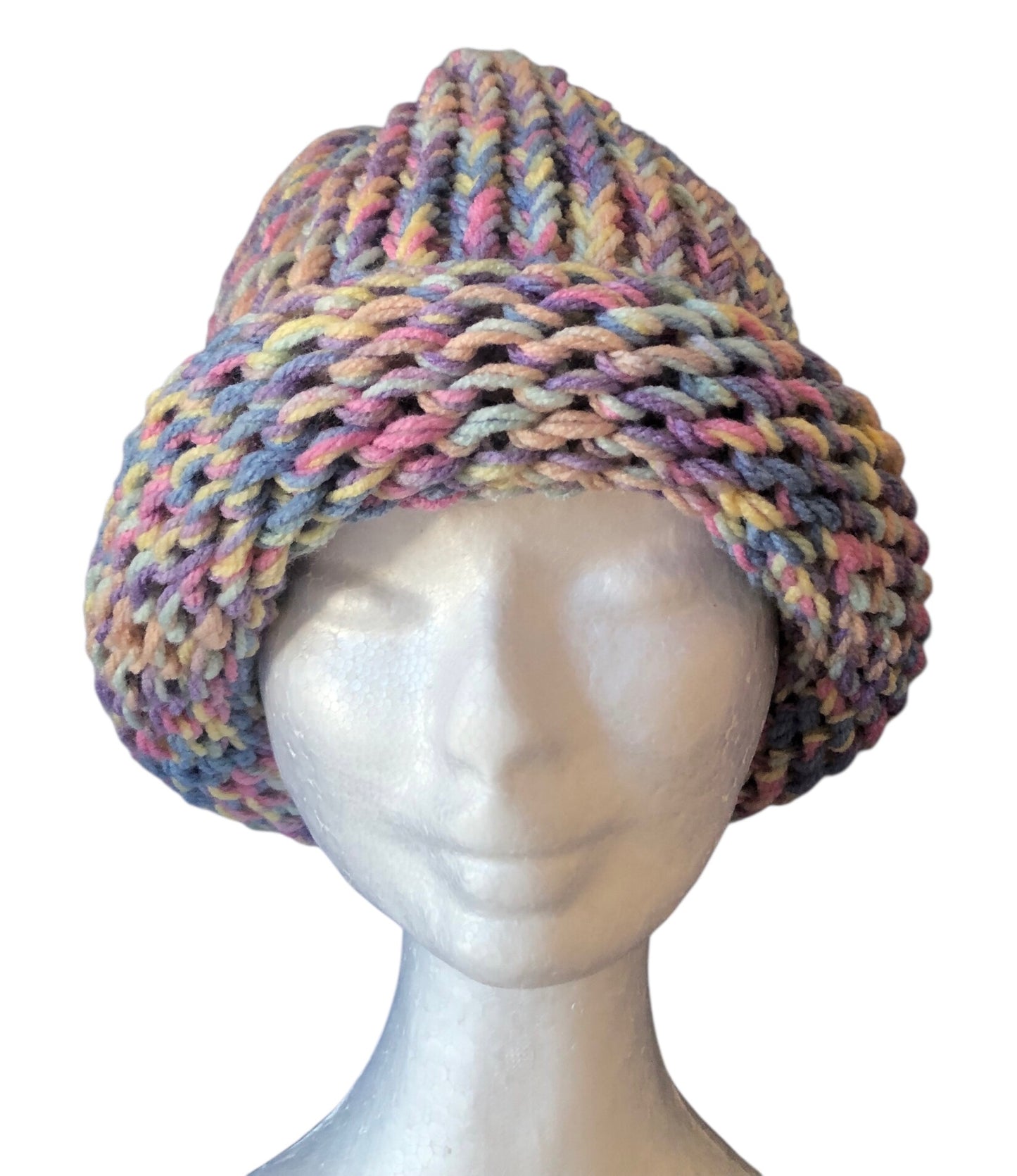 Hand Knit Chunky Beanie with Rolled Brim – Soft Pastel Rainbow