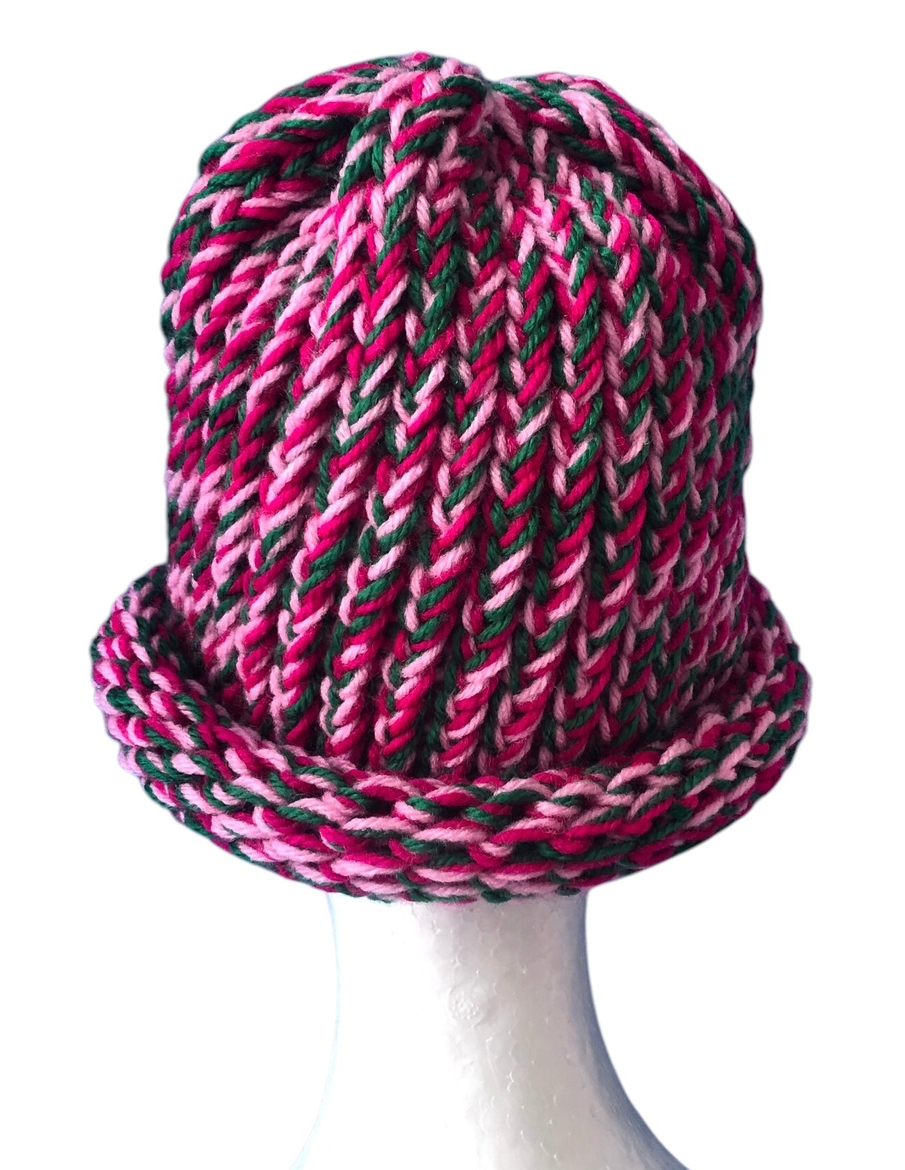 Hand-Knit Rose Garden Beanie – Light & Dark Pink with Green – Adult Size Hat