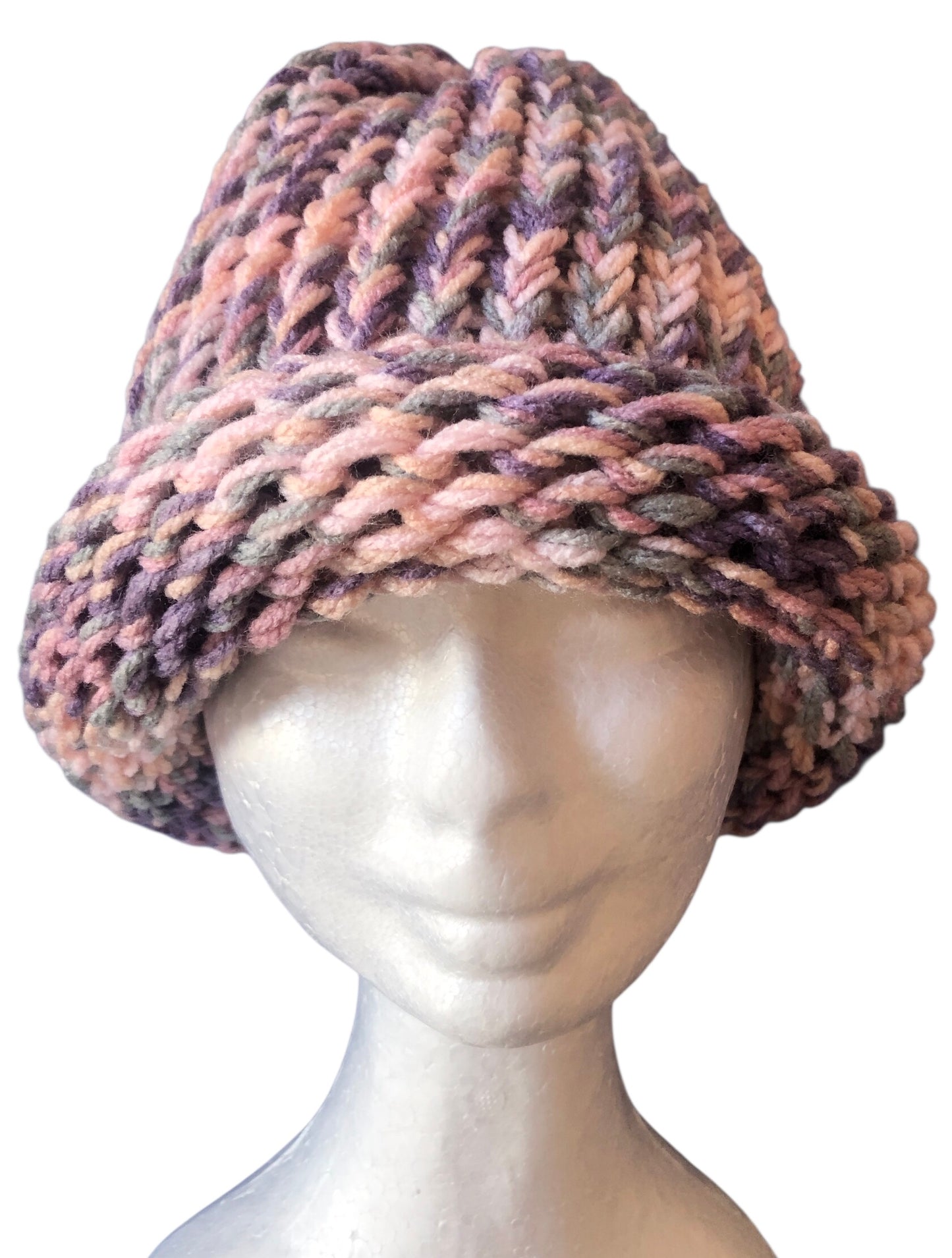 Hand-Knit Chunky Beanie – Soft Blush & Mauve Tone