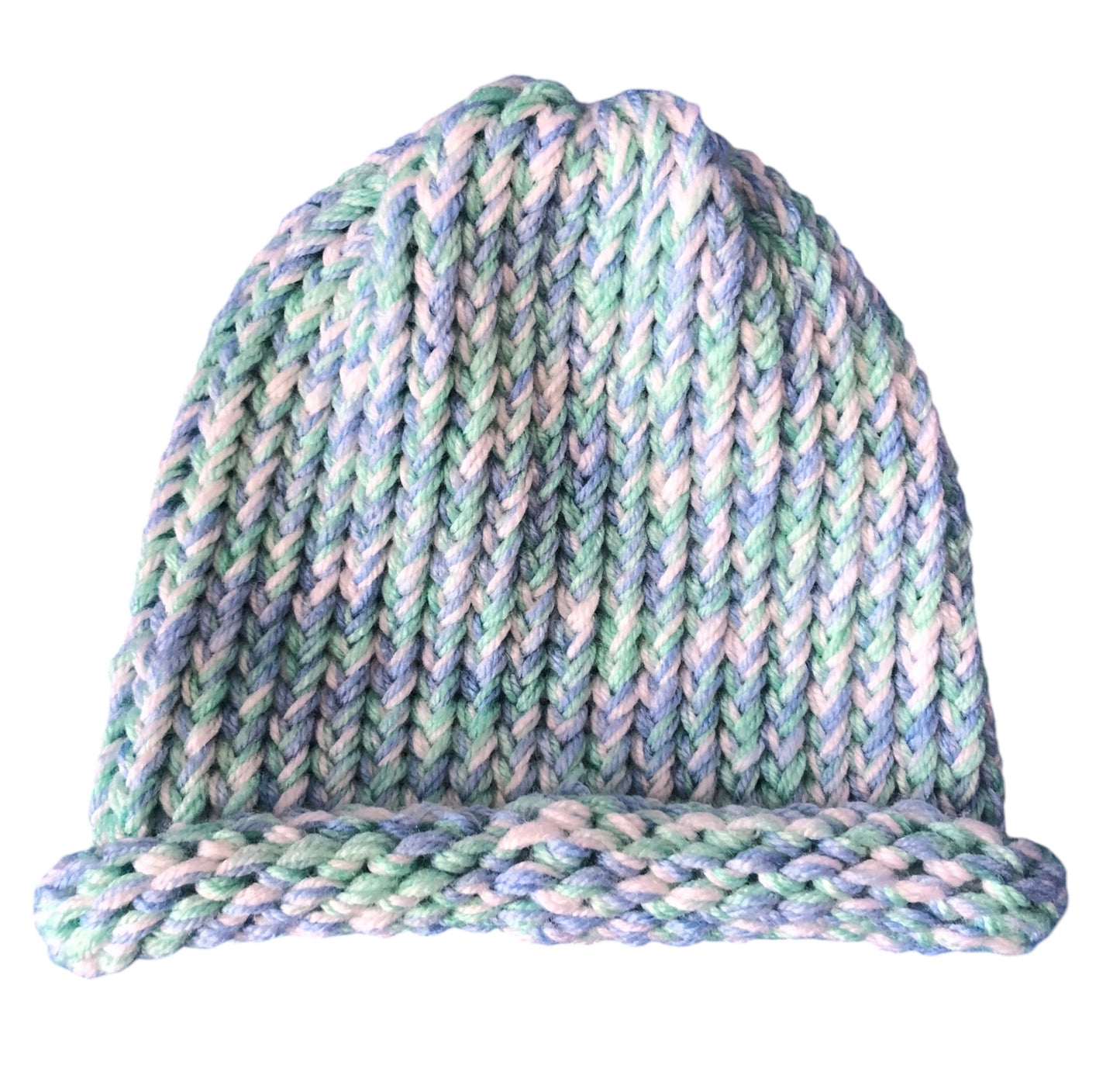 Hand-Knit Ocean Beach Beanie – Turquoise, Light Blue & White – Adult Size Hat
