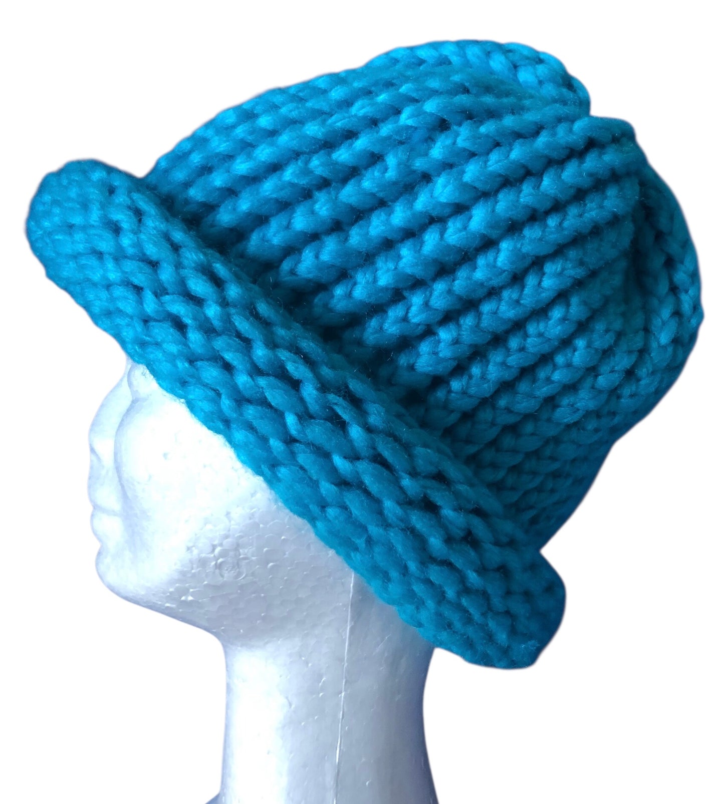 Hand Knit Blue Beanie for Adults – Chunky Rolled Brim Hat | Warm Winter Beanie