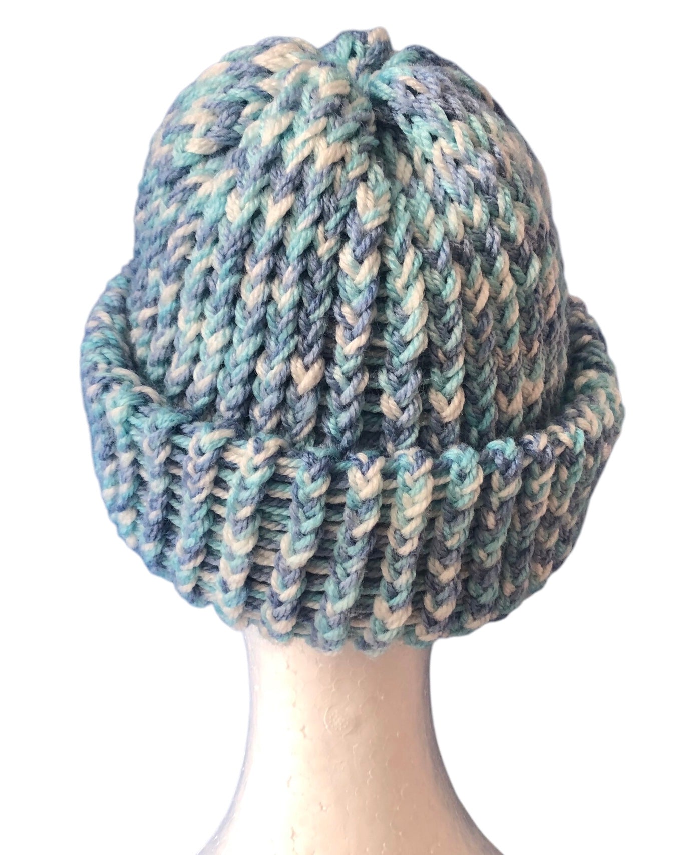 Hand-Knit Sky Colour Beanie – Light Blue, Medium Blue & White – Adult Hat