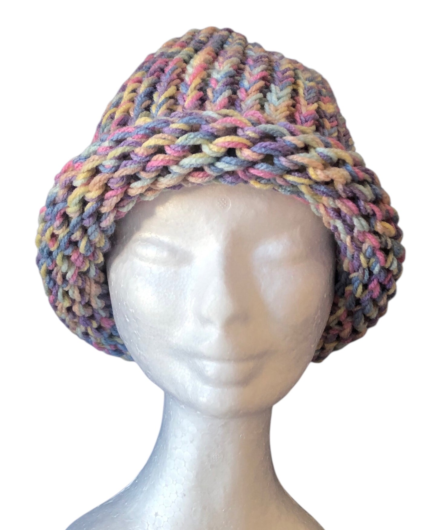 Hand Knit Chunky Beanie with Rolled Brim – Soft Pastel Rainbow