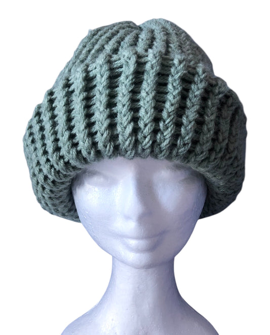 Hand Knit Sage Green Beanie – Chunky Ribbed Winter Hat for Adults