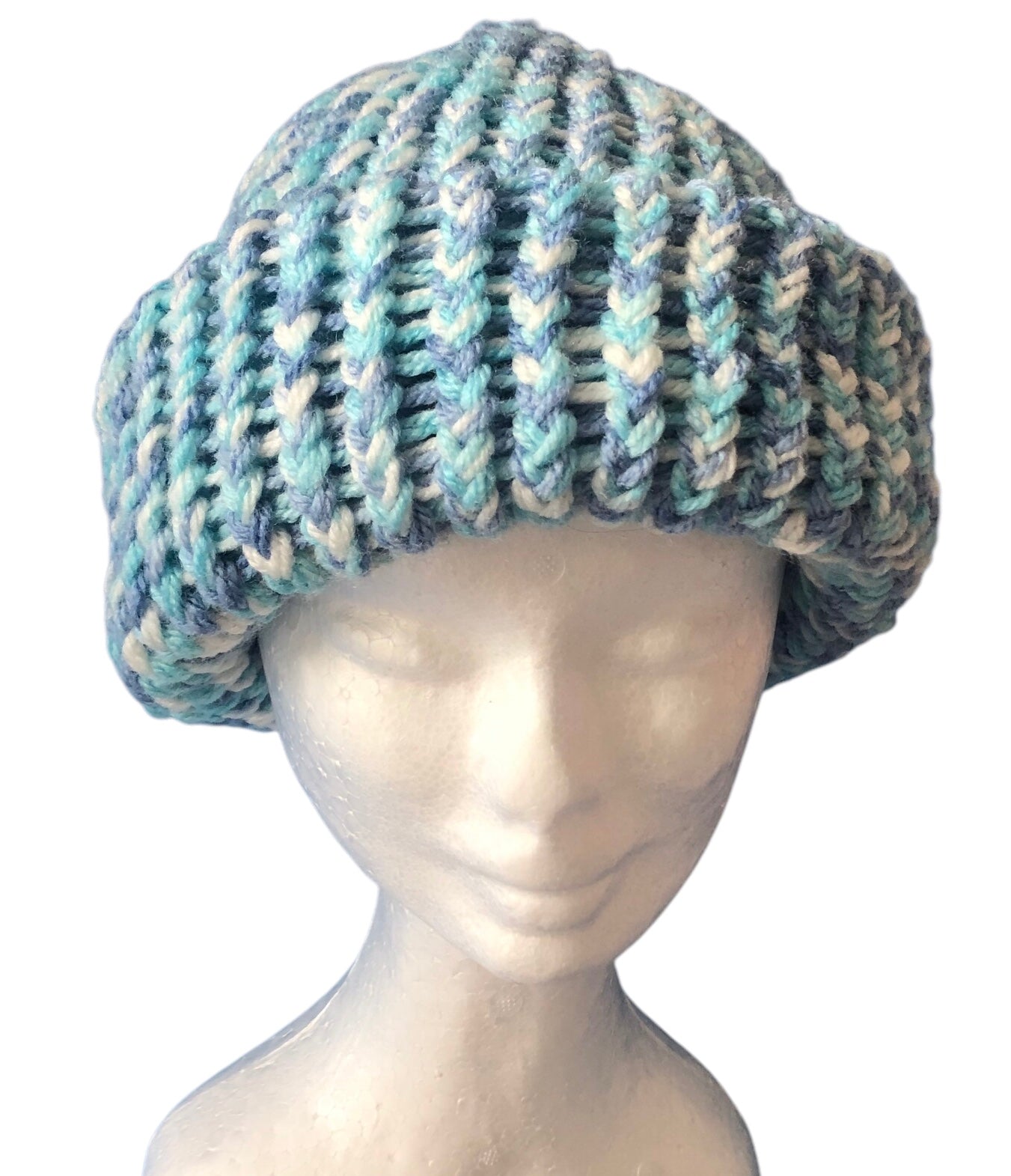Hand-Knit Sky Colour Beanie – Light Blue, Medium Blue & White – Adult Hat