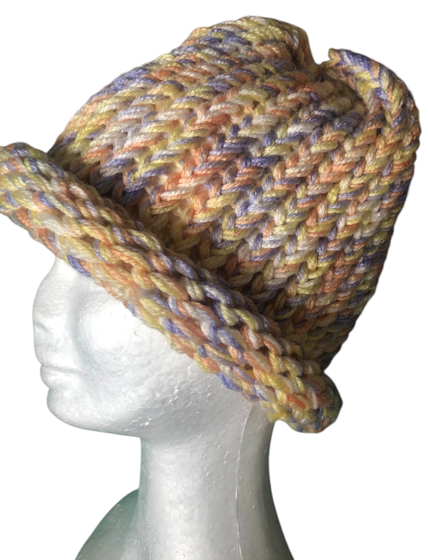 Hand-Knit Sunset Glow Beanie – Yellow, Orange, White & Lavender – Adult Size Hat