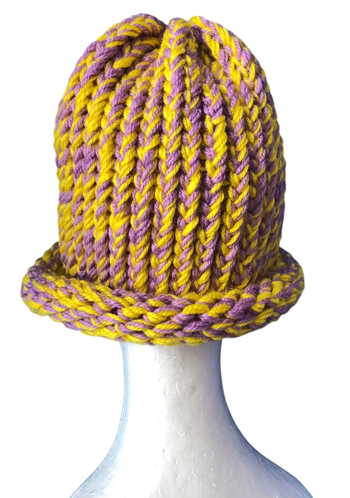 Hand-Knit Easter Colour Beanie – Yellow & Lavender – Adult Size Hat
