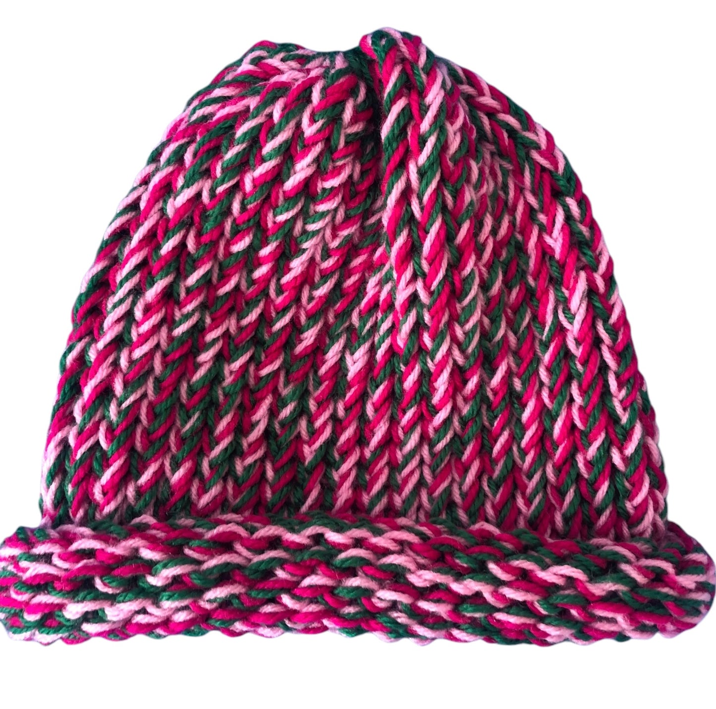 Hand-Knit Rose Garden Beanie – Light & Dark Pink with Green – Adult Size Hat