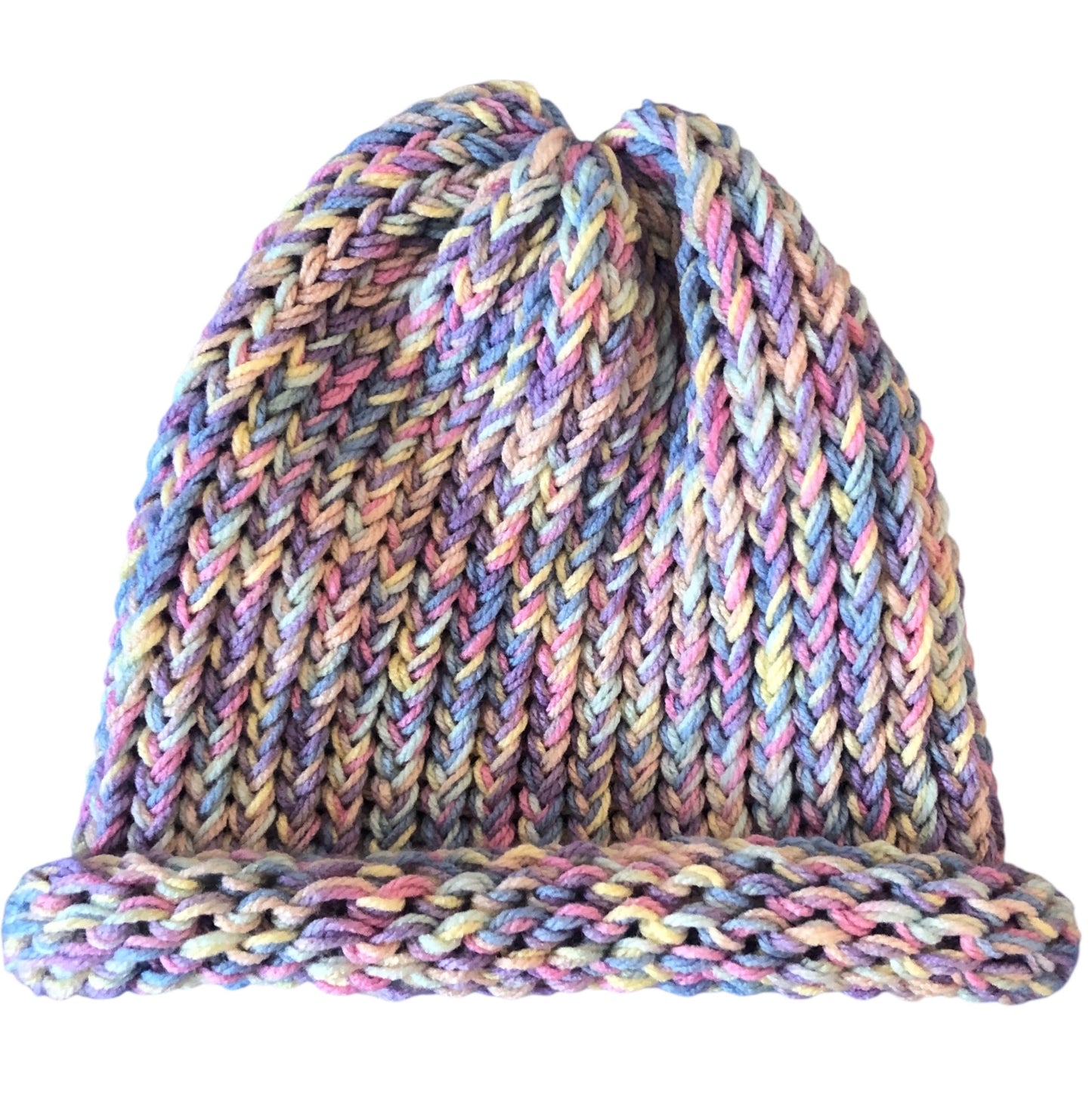 Hand Knit Chunky Beanie with Rolled Brim – Soft Pastel Rainbow