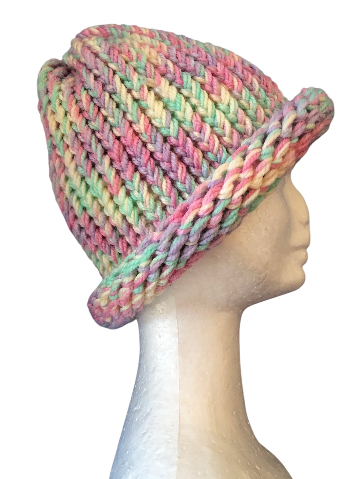 Hand-Knit Pastel Rainbow Beanie – Rolled Brim | Adult Size | Soft Acrylic Yarn