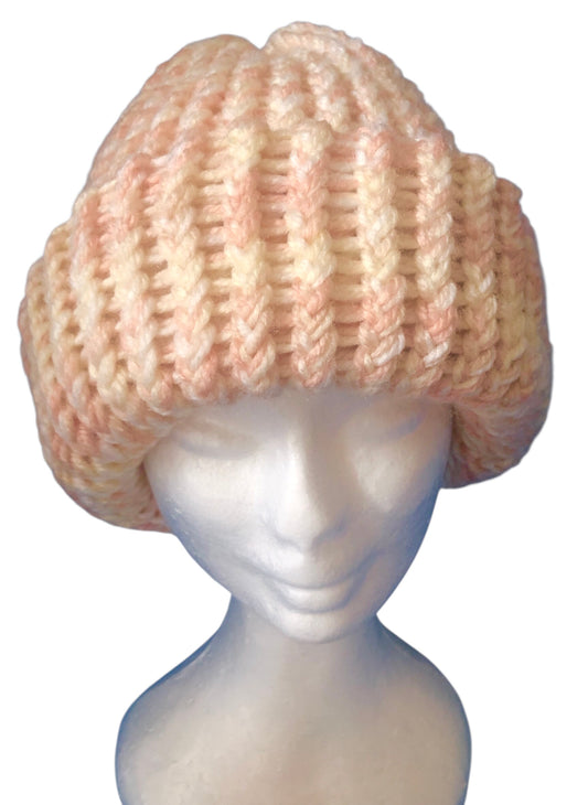 Hand-Knit Chunky Beanie – Peach & Cream Soft Yarn – Warm Winter Hat