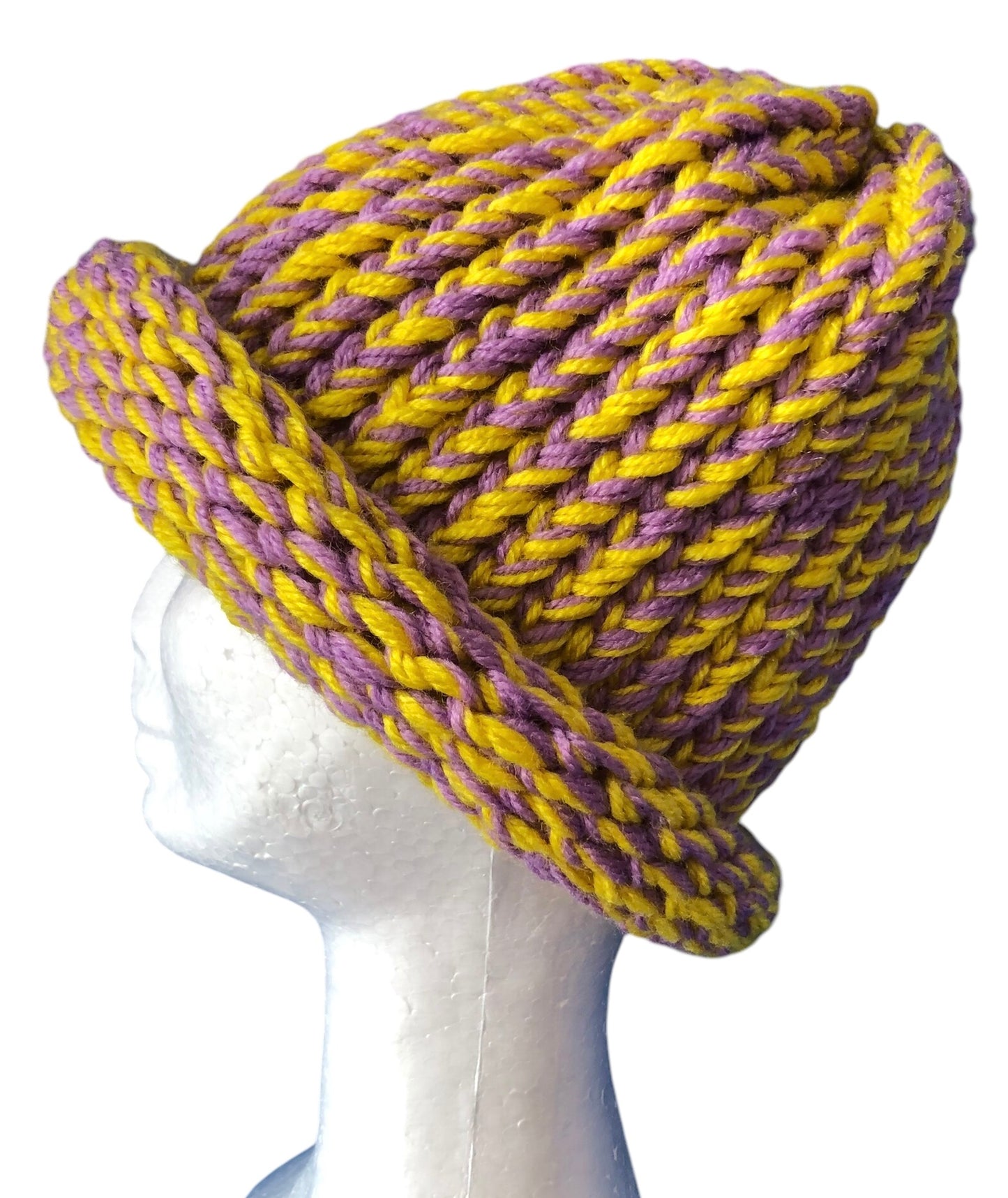 Hand-Knit Easter Colour Beanie – Yellow & Lavender – Adult Size Hat