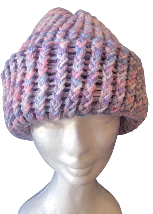 Hand Knit Pastel Fold-Up Beanie – Soft Acrylic Hat Pink Purple Blue Winter