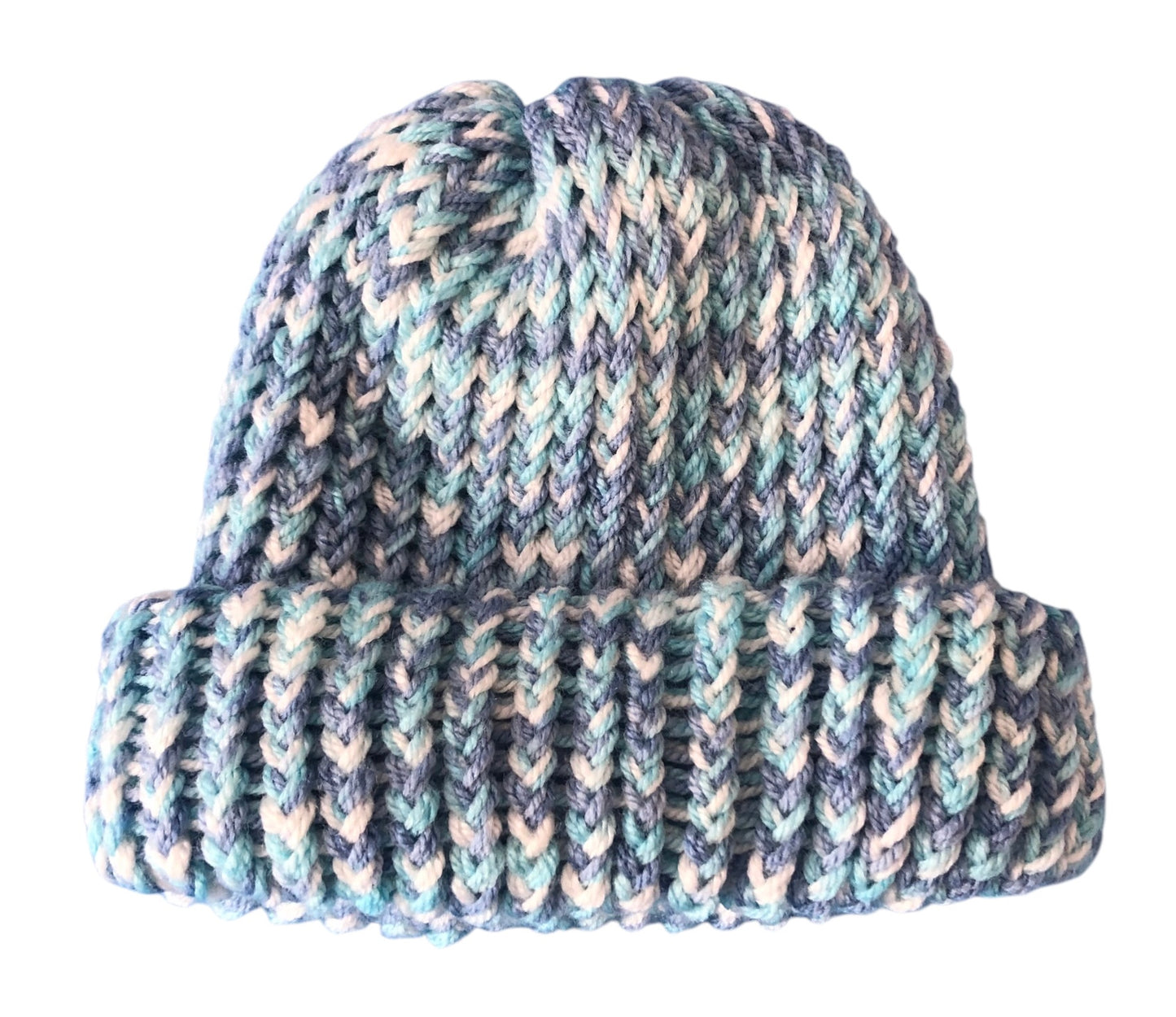 Hand-Knit Sky Colour Beanie – Light Blue, Medium Blue & White – Adult Hat