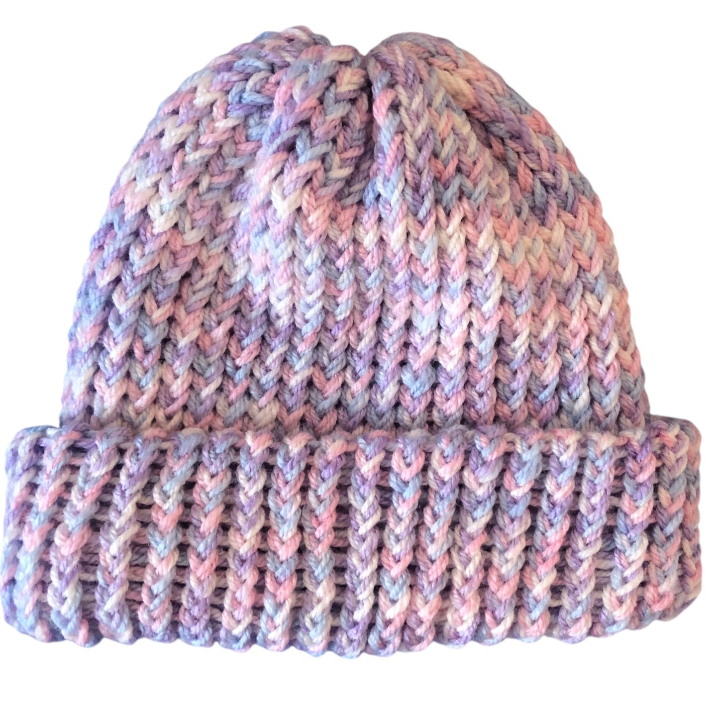 Hand Knit Pastel Fold-Up Beanie – Soft Acrylic Hat Pink Purple Blue Winter