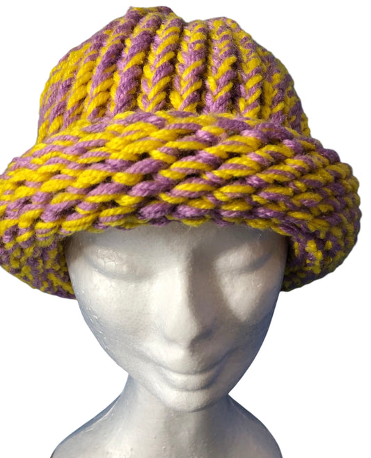 Hand-Knit Easter Colour Beanie – Yellow & Lavender – Adult Size Hat