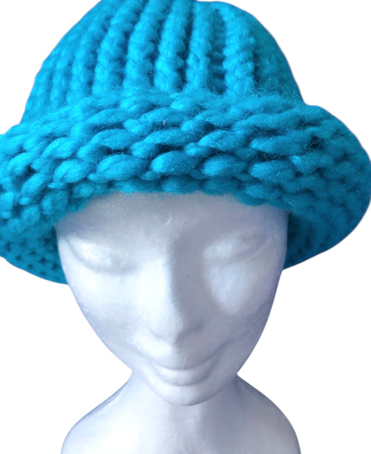 Hand Knit Blue Beanie for Adults – Chunky Rolled Brim Hat | Warm Winter Beanie