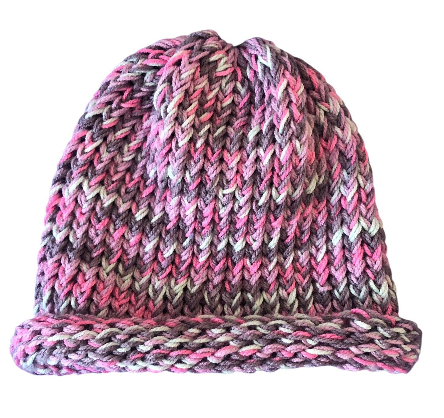 Hand Knit Soft Beanie with Rolled Brim – Pink & Purple Tones – Warm Winter Hat