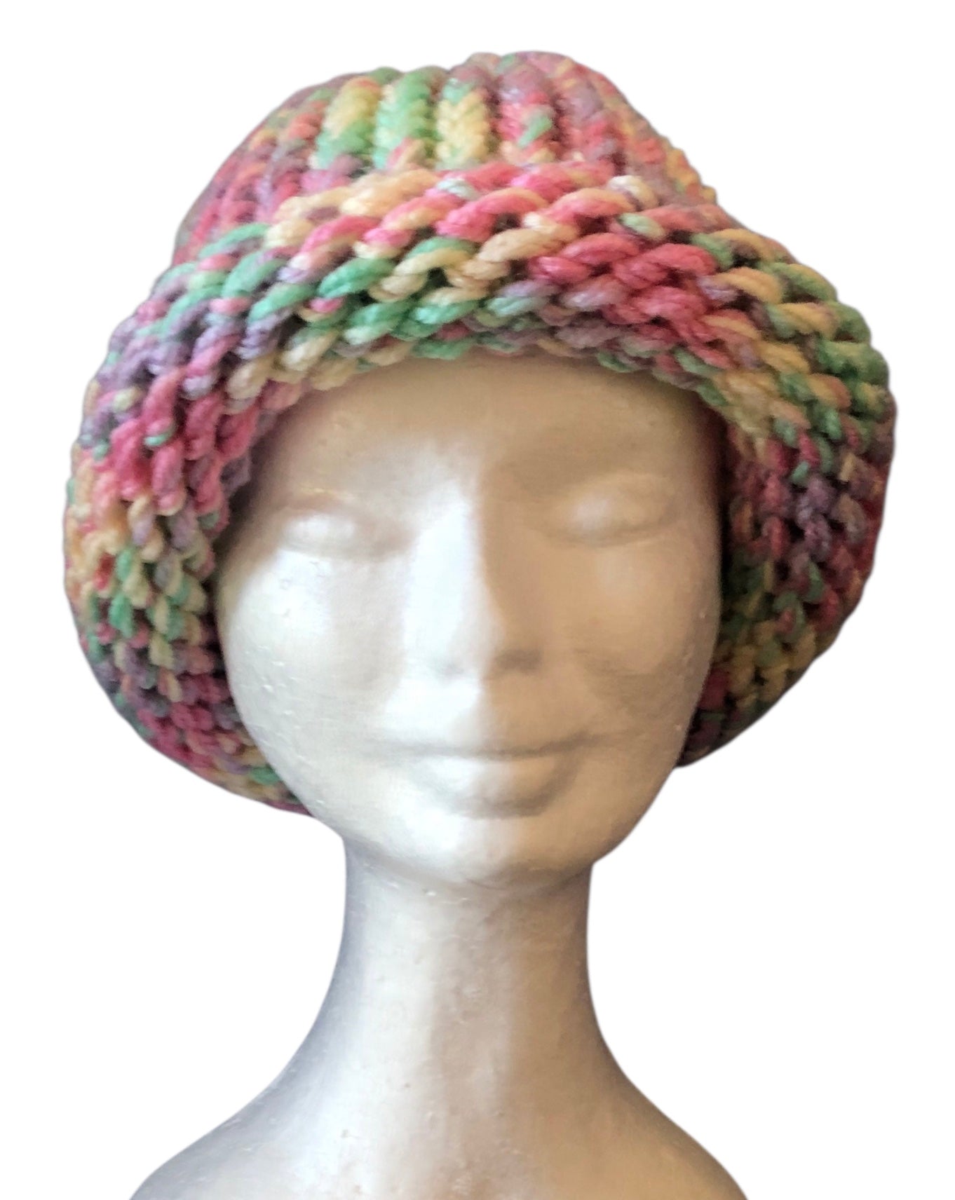 Hand-Knit Pastel Rainbow Beanie – Rolled Brim | Adult Size | Soft Acrylic Yarn