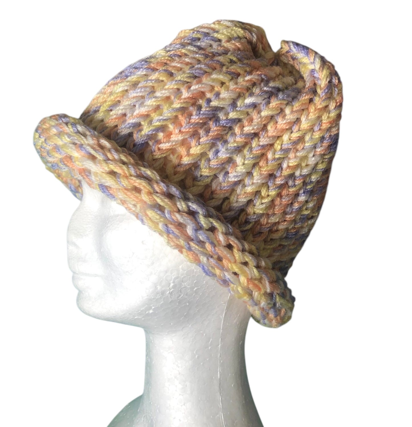 Hand-Knit Sunset Glow Beanie – Yellow, Orange, White & Lavender – Adult Size Hat