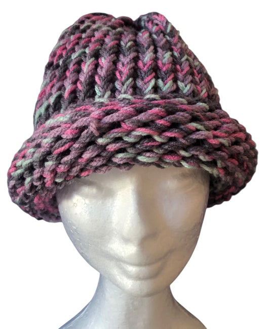 Hand Knit Soft Beanie with Rolled Brim – Pink & Purple Tones – Warm Winter Hat