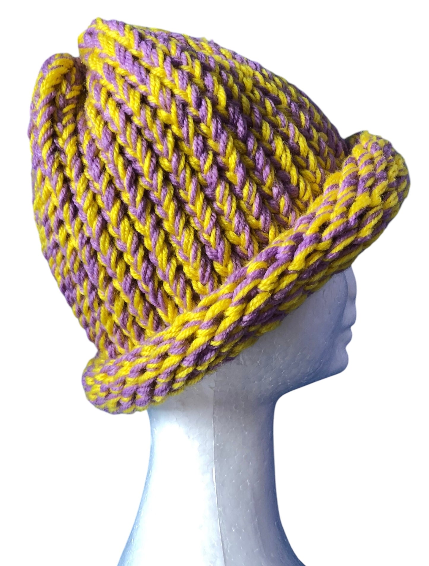 Hand-Knit Easter Colour Beanie – Yellow & Lavender – Adult Size Hat