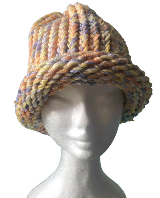 Hand-Knit Sunset Glow Beanie – Yellow, Orange, White & Lavender – Adult Size Hat