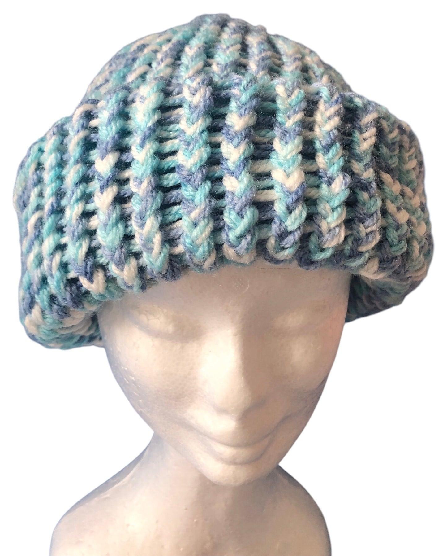 Hand-Knit Sky Colour Beanie – Light Blue, Medium Blue & White – Adult Hat