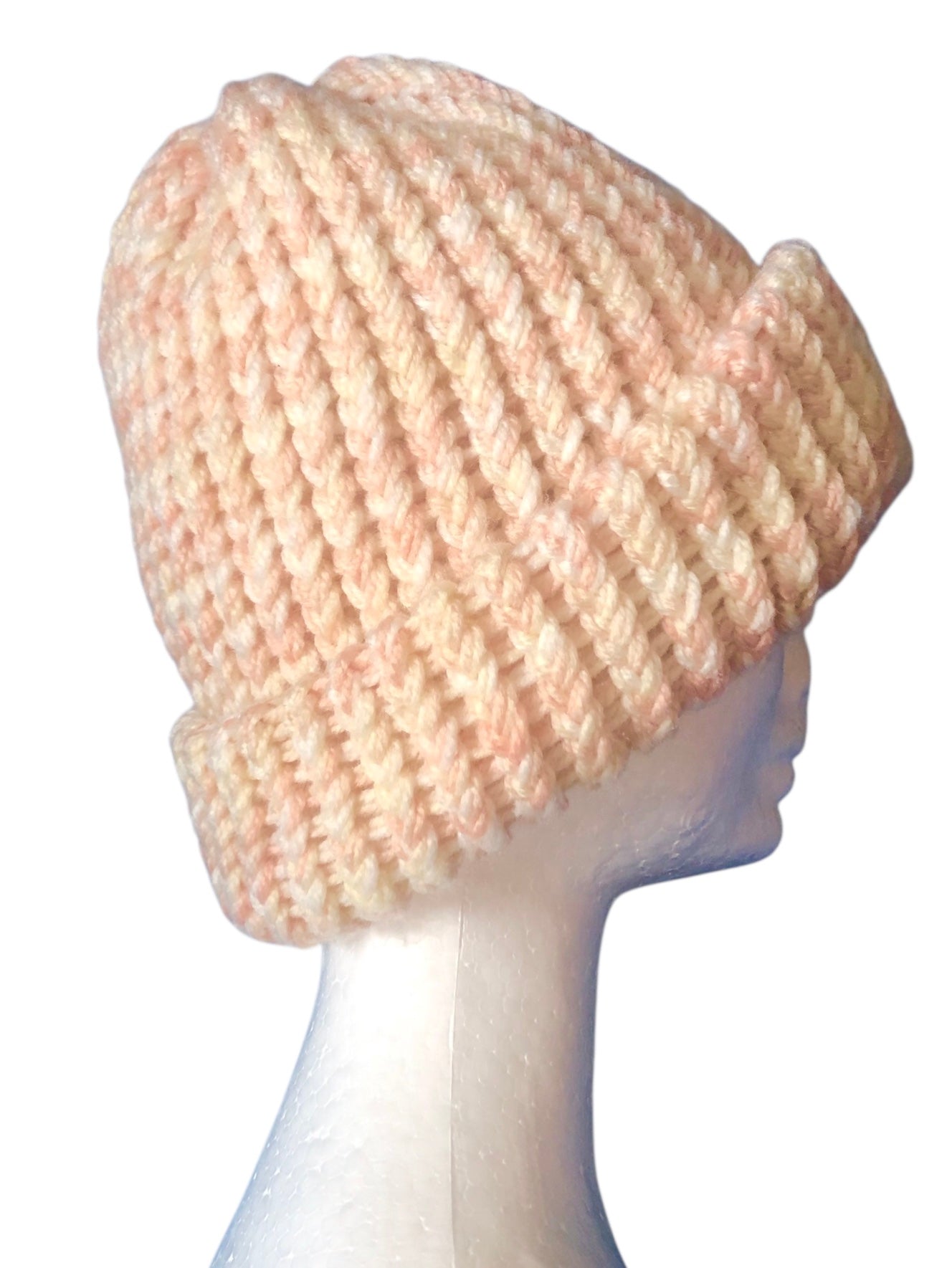Hand-Knit Chunky Beanie – Peach & Cream Soft Yarn – Warm Winter Hat