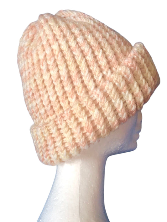 Hand-Knit Chunky Beanie – Peach & Cream Soft Yarn – Warm Winter Hat