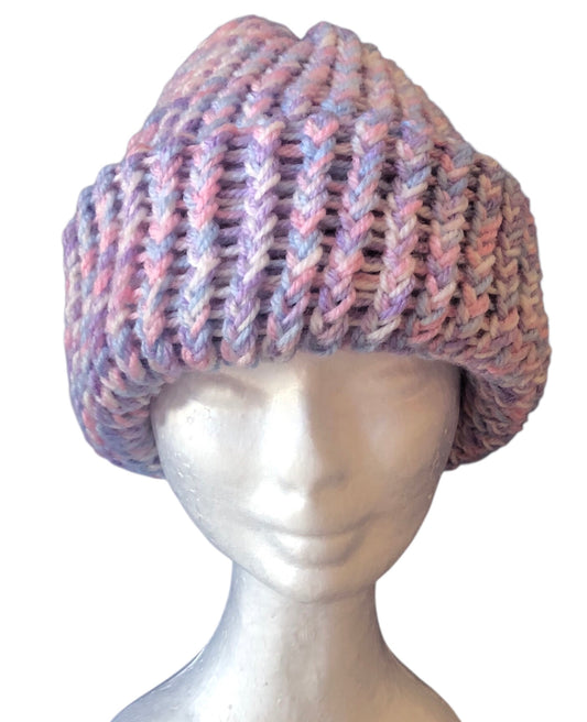 Hand Knit Pastel Fold-Up Beanie – Soft Acrylic Hat Pink Purple Blue Winter