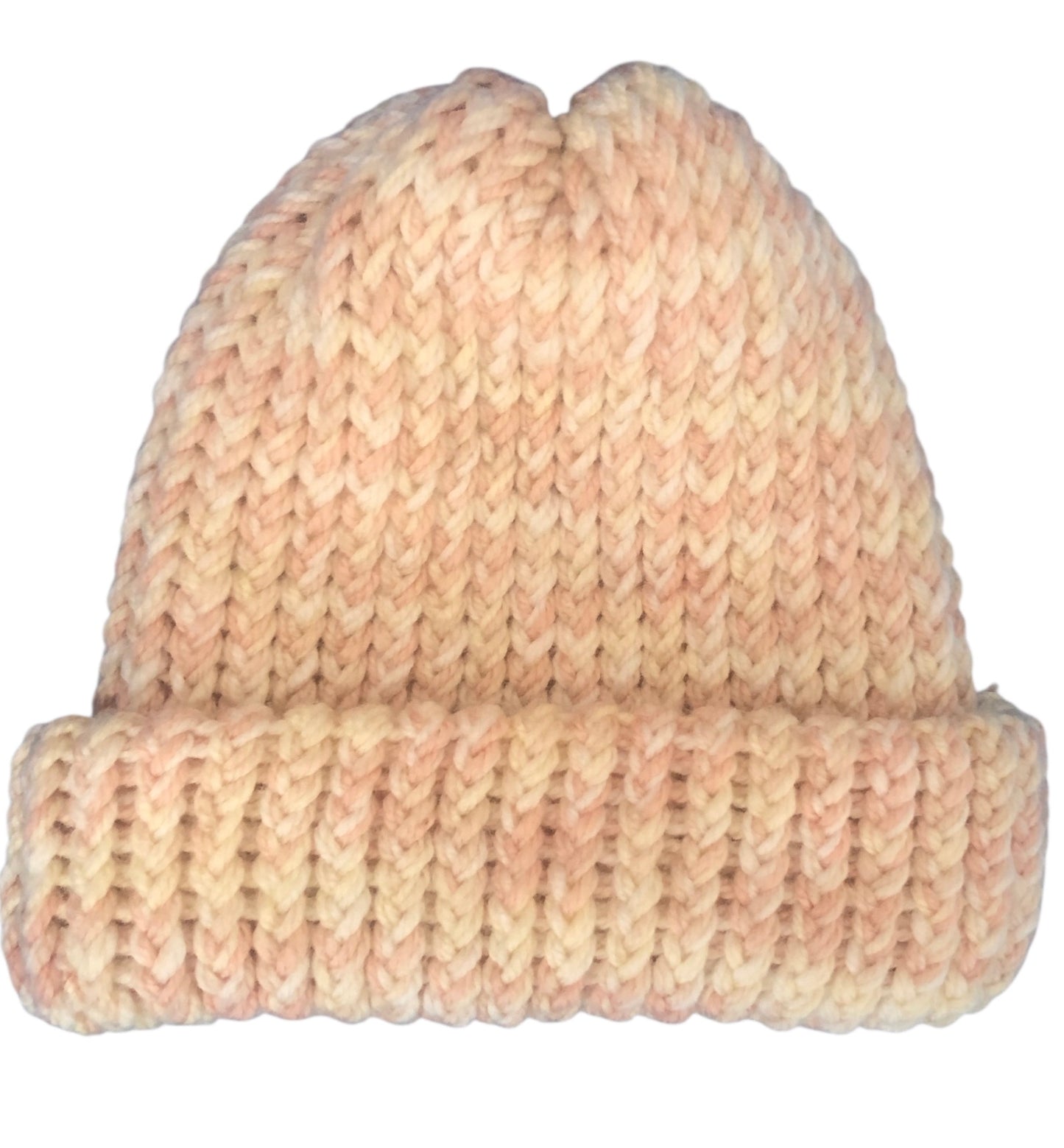 Hand-Knit Chunky Beanie – Peach & Cream Soft Yarn – Warm Winter Hat