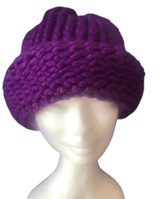 Hand-Knit Purple Beanie for Adults – Chunky Acrylic Hat with Rolled Brim
