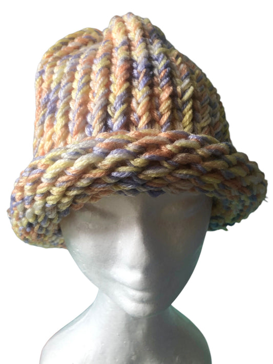 Hand-Knit Sunset Glow Beanie – Yellow, Orange, White & Lavender – Adult Size Hat