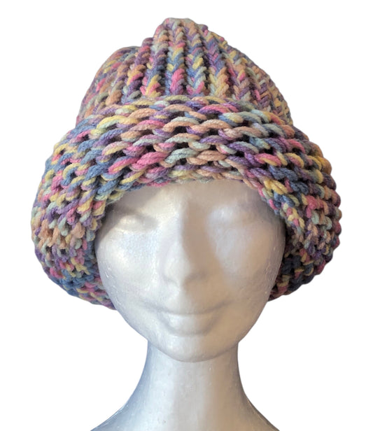 Hand Knit Chunky Beanie with Rolled Brim – Soft Pastel Rainbow