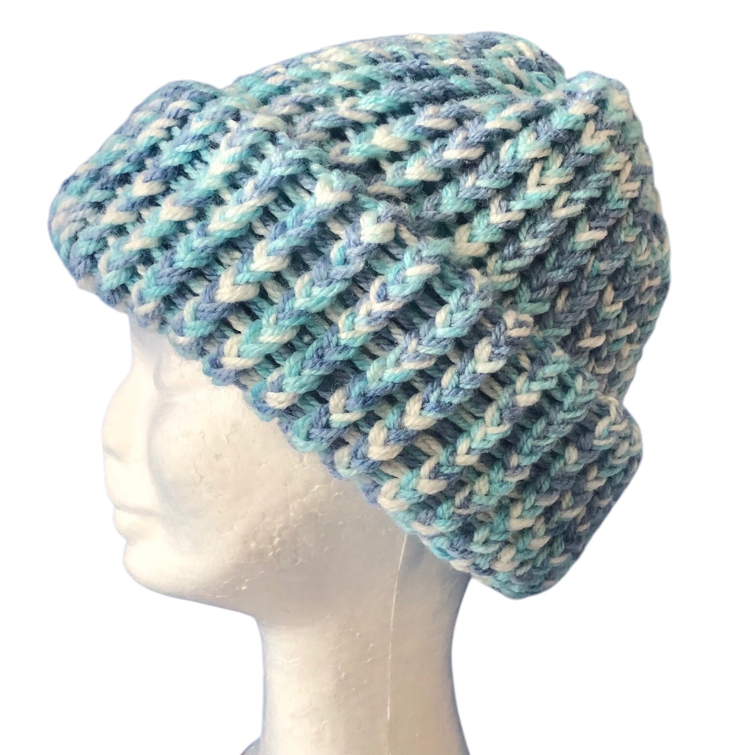 Hand-Knit Sky Colour Beanie – Light Blue, Medium Blue & White – Adult Hat