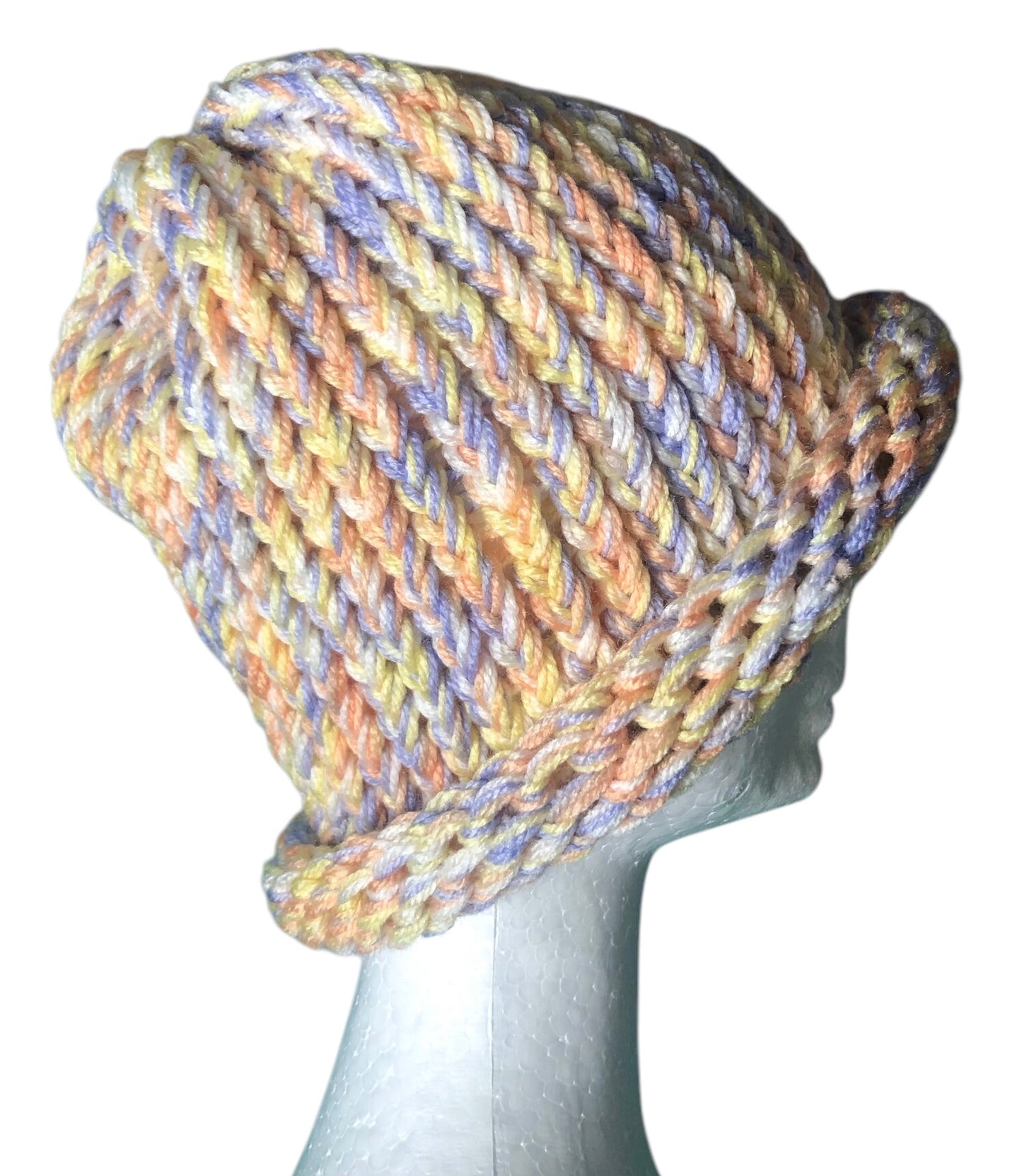 Hand-Knit Sunset Glow Beanie – Yellow, Orange, White & Lavender – Adult Size Hat